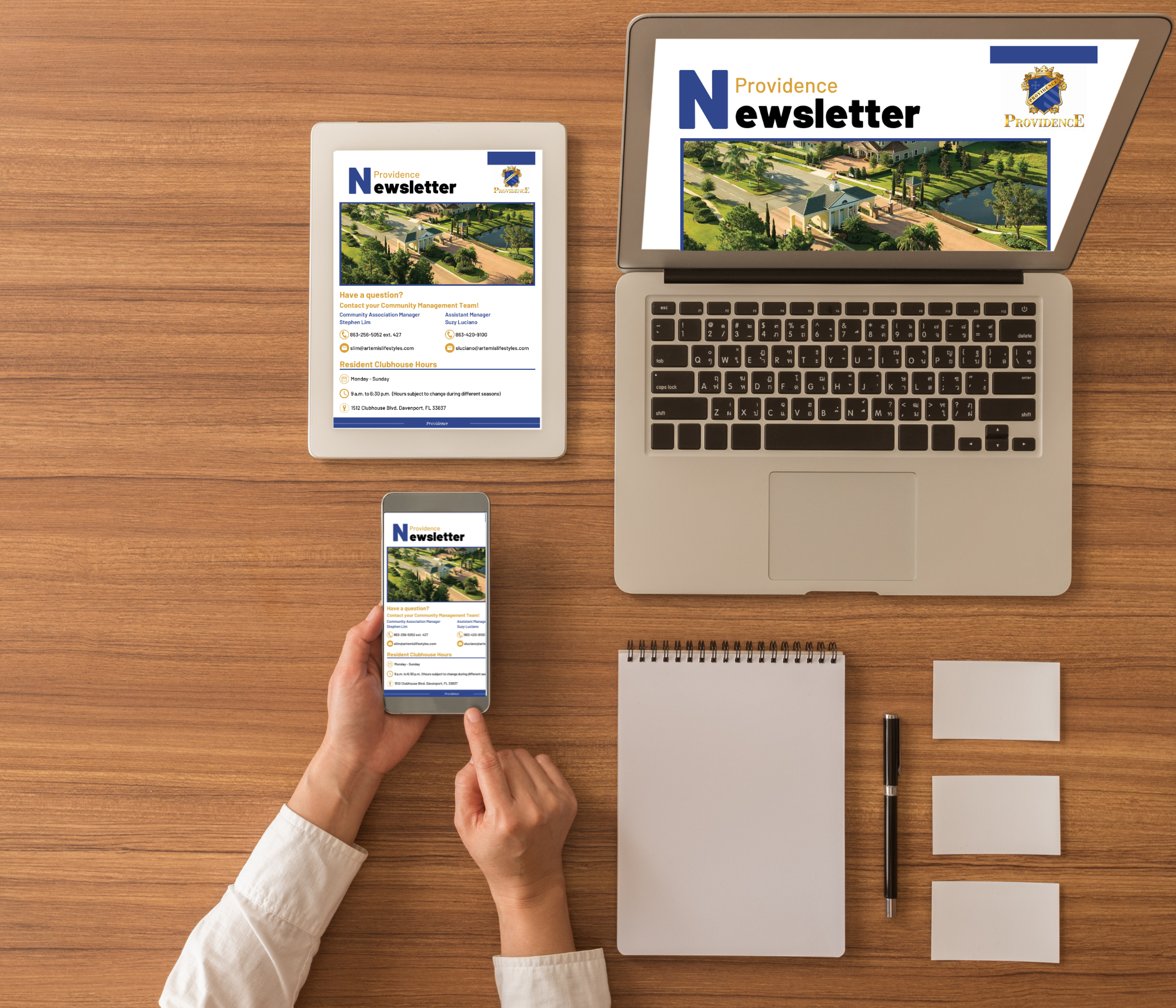 Resident reading HOA newsletter on laptop, tablet, and smartphone
